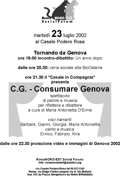 iniziaiva di festa e riflessione a cura del Roma NORD_EST Social Forum: Tornando da Genova - marted� 23  luglio 2002