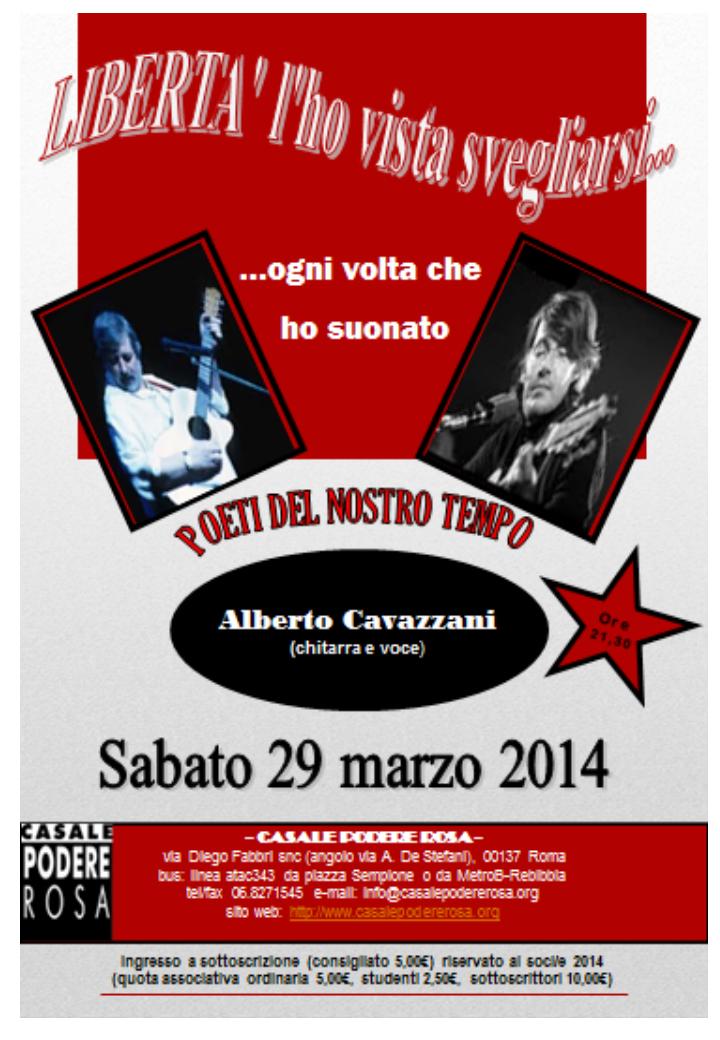 sabato 29 marzo Alberto cavazzani in concerto al Casale Podere Rosa immagine della locandina