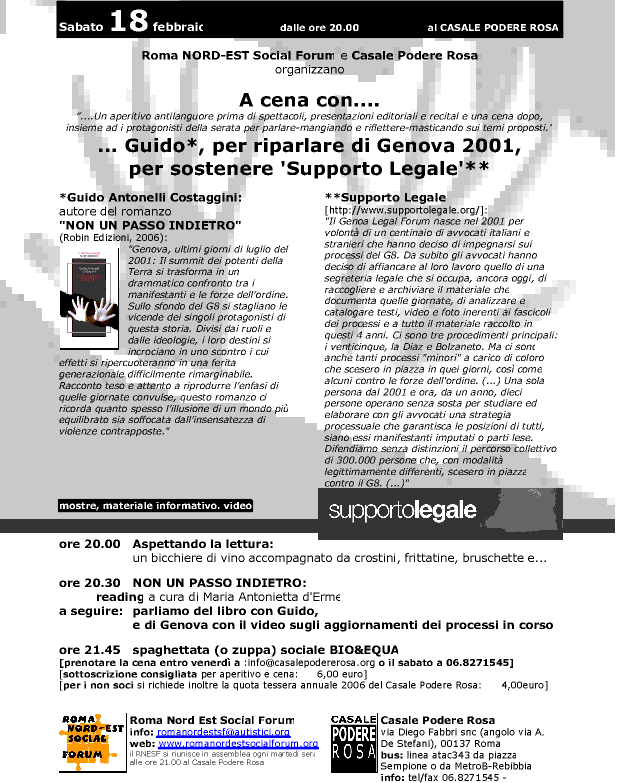 Casale Podere Rosa e Roma NORD-EST Social Forum - sabato 18 febbraio 2006 - A cena con....... Guido, per riparlare di Genova 2001, per sostenere 'Supporto Legale'