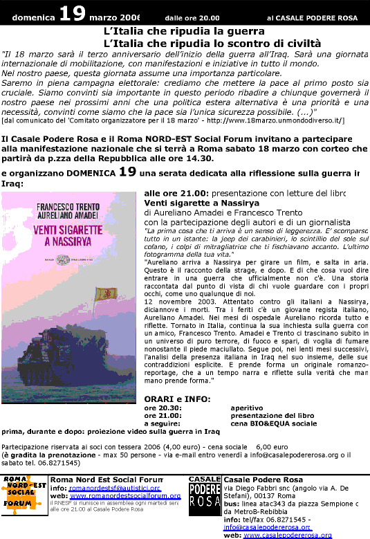 Casale Podere Rosa e Roma NORD-EST Social Forum - domenica 19 marzo 2006 - una serata per riflette sulla guerra in Iraq