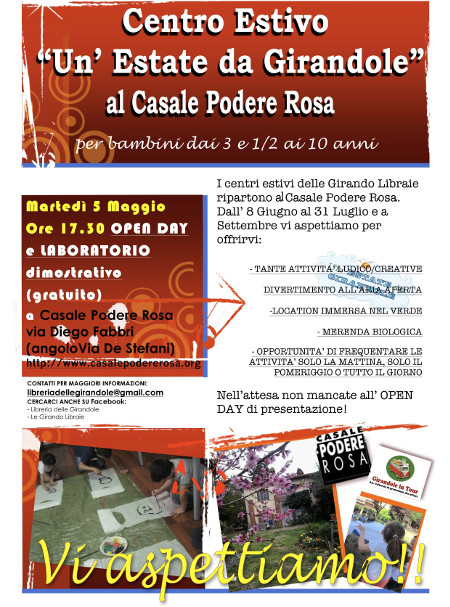 OPEN DAY 5 maggio 2015 Presentazione del Centro Estivo 2015: Un'estate da girandole al Casale Podere Rosa con le Girando libraie promoflyer